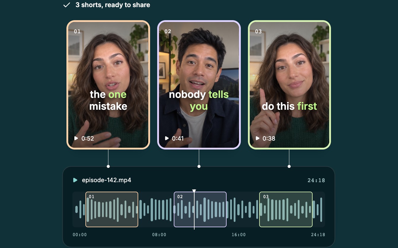 The Video to Reel showcase: three captioned clips selected from a longer video.