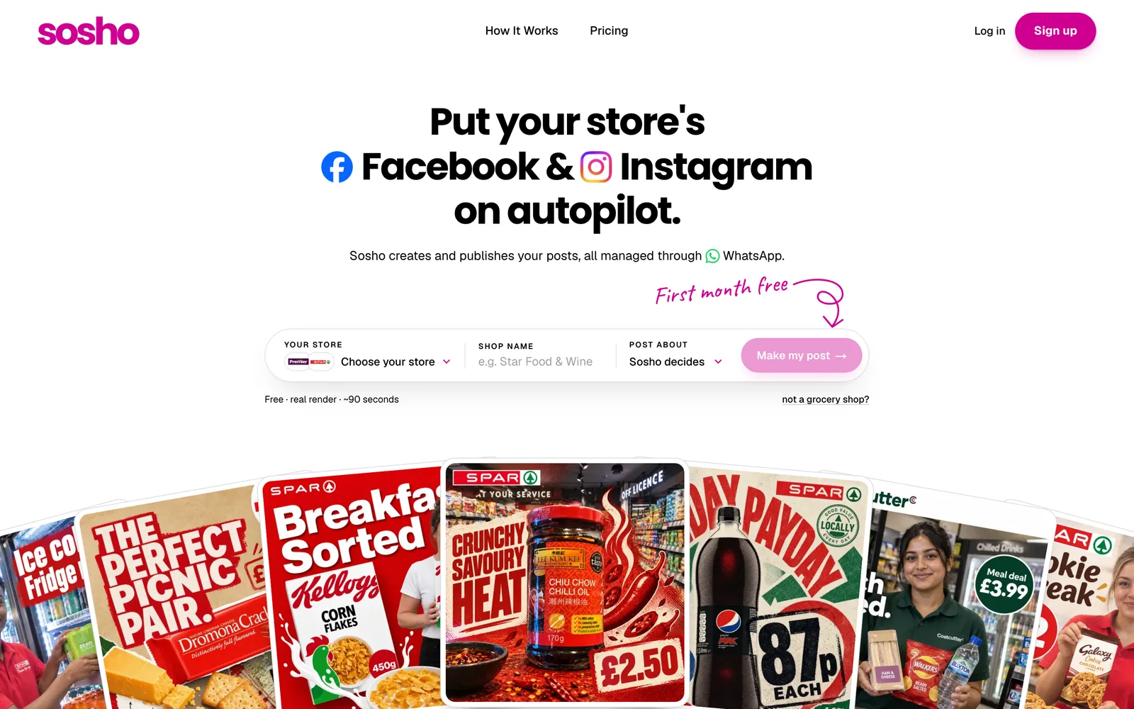 The Sosho home page: "Put your store's Facebook & Instagram on autopilot", above a fan of real posts it made