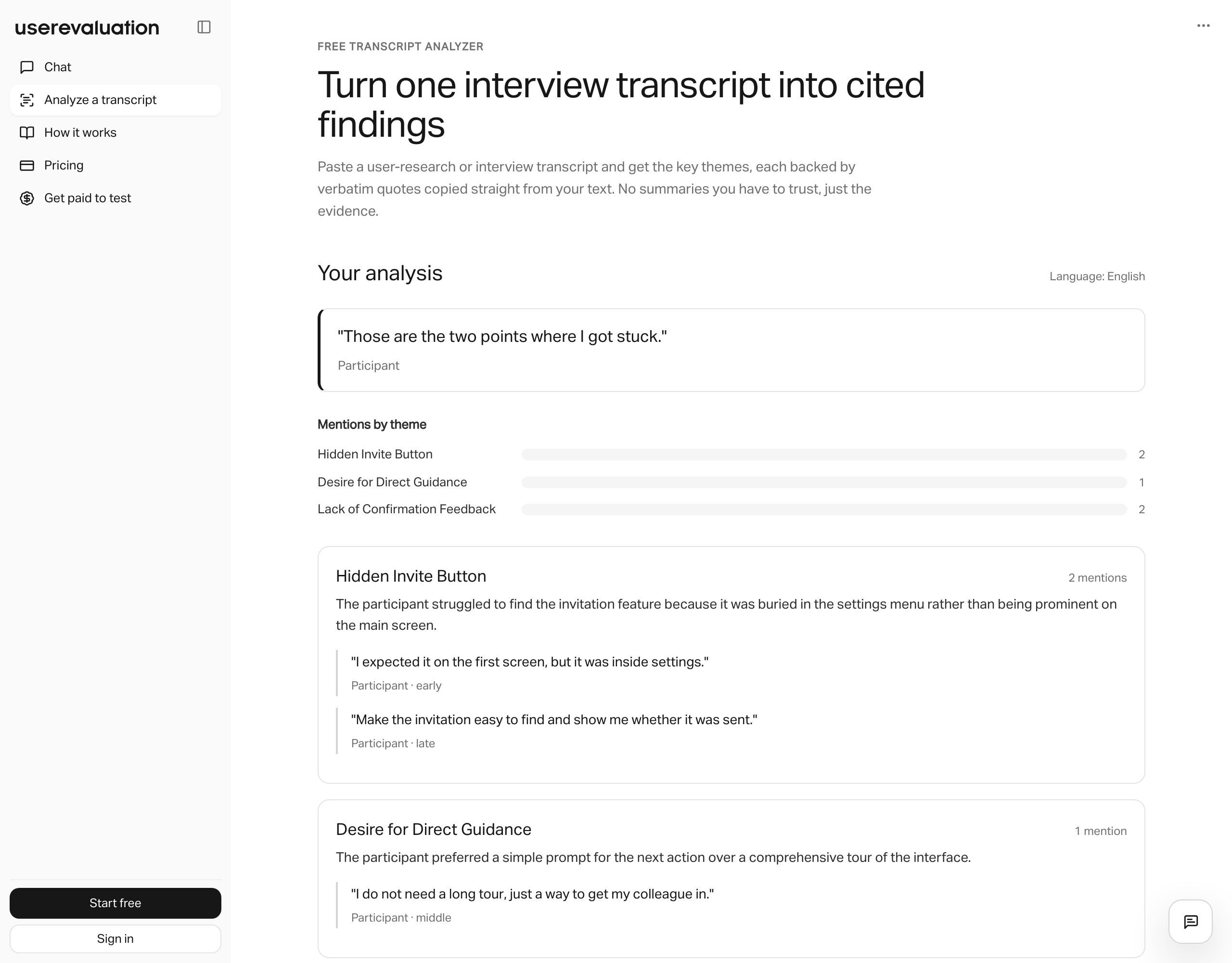 User Evaluation analysing a fictional onboarding interview, with themes and quotes linked to the transcript.